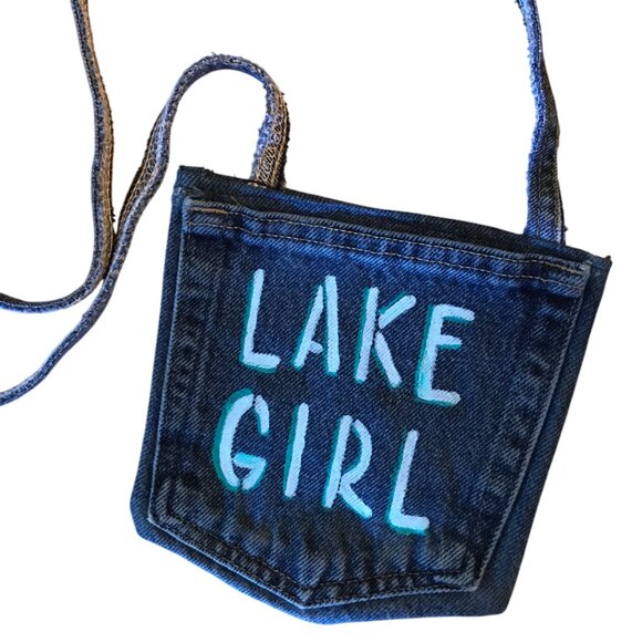 Handmade Crossbody Bag: Lake Girl Theme Cell Phone Holder, Recycled Denim Purse - Picture 7 of 11